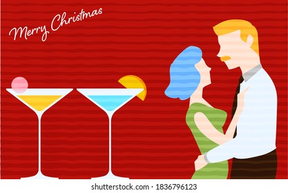 Cocktail glasses with men and women hugging each other