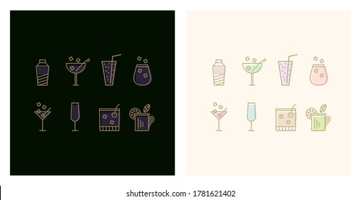 Cocktail glasses minimal line vector icon set