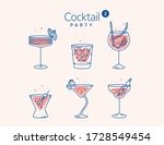 COCKTAIL glasses minimal vector thin line illustration. Six refreshing cocktails with ice cubes and lemons. Party in the club. Created for menu designs. Set of alcoholic drinks like Mojito or Martini