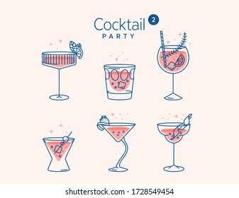 COCKTAIL glasses minimal vector thin line illustration. Six refreshing cocktails with ice cubes and lemons. Party in the club. Created for menu designs. Set of alcoholic drinks like Mojito or Martini