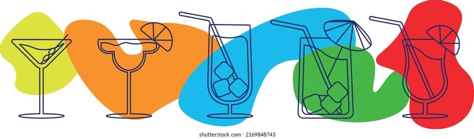 Cocktail glasses minimal vector thin line illustration. Five refreshing cocktails with ice cubes and lemons. Created for party. Set of colorful alcoholic drinks like Mojito or Martini