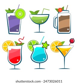 Cocktail glasses minimal vector thin line illustration. Six refreshing cocktails with ice cubes and lemons. Party in the club. Created for menu designs. Set of alcoholic drinks like Mojito or Martini