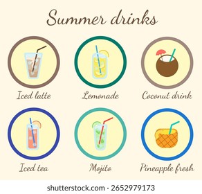 Cocktail glasses minimal vector thin line illustration. Six refreshing cocktails with ice cubes and lemons. Party in the club. Created for menu designs.