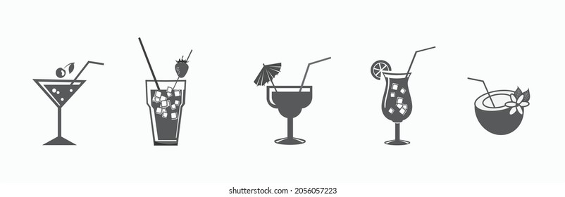 Cocktail glasses monochrome black minimal icons set. Vector flat illustrations. 