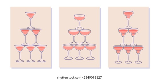 Cocktail glasses pyramid cards set. Sparkling wine, champagne flute, cocktail tower postcard for web and print. Party invitation with glass tower line art vector illustration.