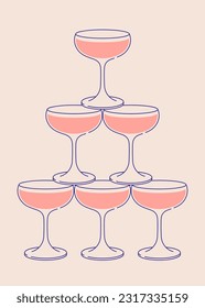 Cocktail glasses pyramid. Sparkling wine, cocktail tower postcard for web and print. Party invitation with glass tower line art vector illustration.