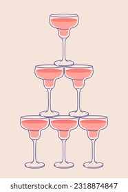 Cocktail glasses pyramid. Sparkling wine, cocktail tower postcard for web and print. Party invitation with glass tower line art vector illustration.