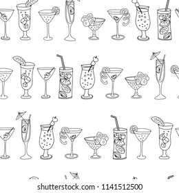 Cocktail glasses in a row seamless vector pattern. Black drinking glasses lined up on a white background with Cheers lettering, pineapples, and hibiscus flowers. Great for backgrounds, bar menues.