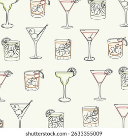 Cocktail glasses seamless pattern. Retro barware background, Summer party beverage Print for bar, menu and textile.	