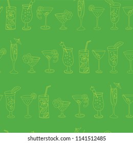 Cocktail glasses seamless vector pattern. Lime drinking glasses in a row on a green background with Cheers lettering, pineapples, and hibiscus flowers. Handwriten lettering text.
