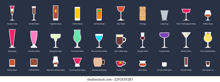 Cocktail glasses set, flat design vector illustration