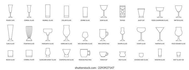 Cocktail glasses set, line design vector illustration