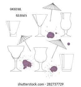  Cocktail glasses set. Sketches black and white. Vector Illustration