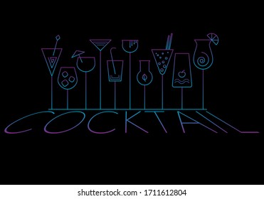 cocktail glasses set and cocktail text with neon colors on black background, vector illustration