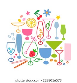 Cocktail glasses set in various colours, sizes, and styles. Colourful hand drawn illustration.