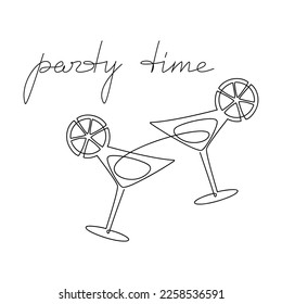 Cocktail glasses set vector  Party Time handwritten lettering  slogan  quote  saying  text  One line continuous drawing  Minimal linear icon  Design for print  banner  wall art  poster  card  logo 