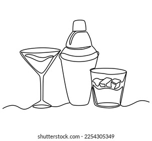 Cocktail glasses and shaker line art. International Bartender's Day. 6 February.  Template for background, banner, card, poster with text inscription. Vector Continuous line illustration