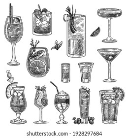 Cocktail glasses sketches set. Hand drawn martini, gin, wine, margarita, cognac, goblet, liquor, scotch, whiskey. Engraved vector illustration for long and shot drinks, bar menu, alcohol concept