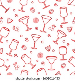 Cocktail glasses and slices of fruits seamless pattern, red lines on a white background..