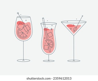 Cocktail glasses spritz pina colada cosmopolitan drawing in flat line style