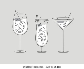 Cocktail glasses spritz pina colada cosmopolitan drawing in flat line style on grey background