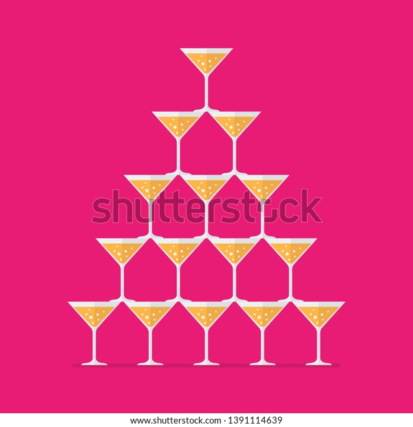 Cocktail glasses stacked in a pyramid tower.\
Vector illustration