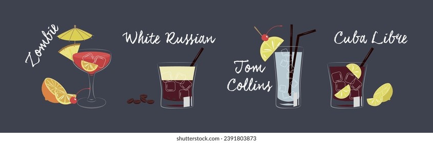 Cocktail Glasses with Straw and Citrus Slice Vector Set