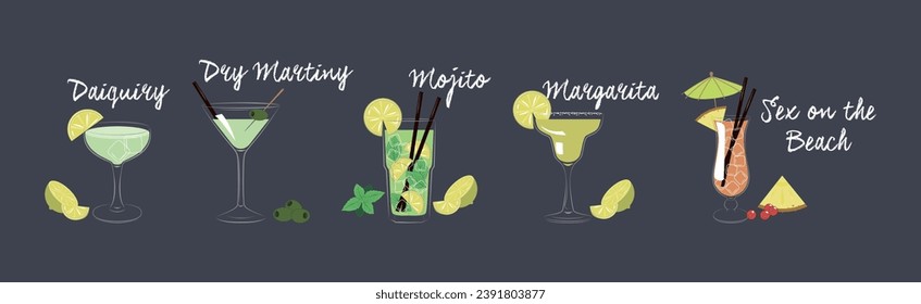 Cocktail Glasses with Straw and Citrus Slice Vector Set