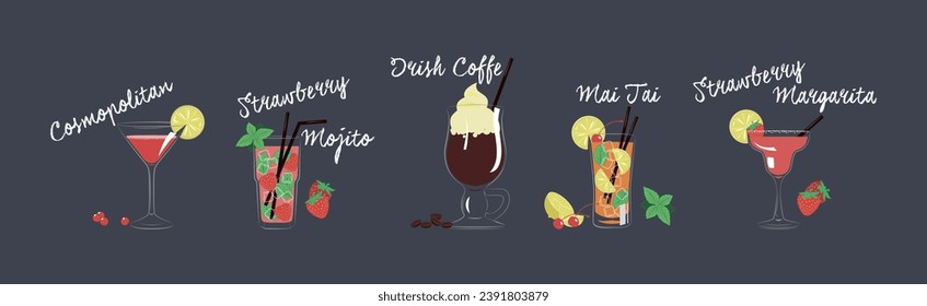 Cocktail Glasses with Straw and Citrus Slice Vector Set