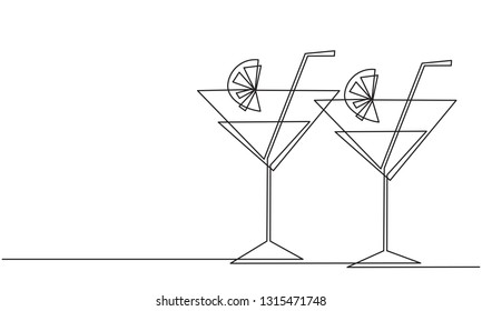 Cocktail glasses with a straw. Line drawing.