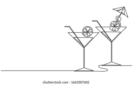 Cocktail glasses with a straw and an umbrella. Continuous line drawing. Refreshing drink with lemon.