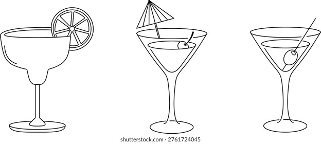Cocktail glasses and summer drinks collection, martini with olive and margarita with lemon slice, hand drawn outline party beverage icons
