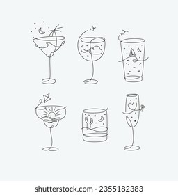 Cocktail glasses vacation holiday theme in line style drawing on grey background