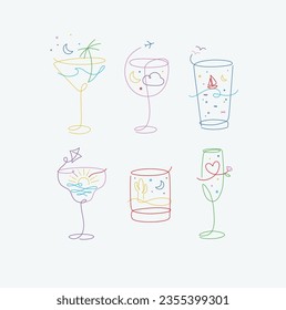 Cocktail glasses vacation holiday theme in line style drawing with color on grey background