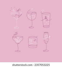 Cocktail glasses vacation holiday theme in line style drawing on pink background