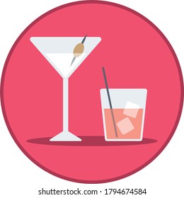 Gafas de cóctel vectores diseño de icono plano aislado en fondo blanco. Señal redonda para beber alcohol. Símbolo artístico de bebidas de fiesta.