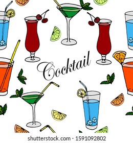 Cocktail glasses  vector  illustration. Refreshing cocktails with ice cubes and lemons. Party in the club. Created for menu designs. Set of alcoholic drinks like Mojito or Martini