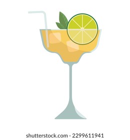 Cocktail glasses vector illustration. Refreshing cocktails with ice cubes and lemons. Party in the club. Menu designs. Alcoholic drinks. Summer and beach 