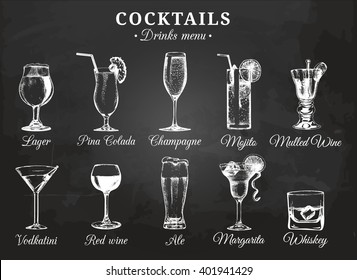 Cocktail glasses vector illustrations for drink menu. Hand drawn sketches set of alcoholic beverages: beer, pina colada, mojito, margarita, vodkatini, champagne, mulled wine, red wine, whiskey etc.