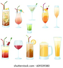 Cocktail glasses vector set: Cuba Libre, Dry Martini, Campari Orange,
Champagne, Absinte shot, Tequila Sunrise, Wine, Coke, Beer mug and Beer glass./Vector collection of cocktail glasses.