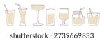 Cocktail Glassware Set. Mason Jar, Martini Coupe, Highball, glassful and Drinking Glasses with Straw. Isolated Minimalistic Outline Hand Drawings. Vector Illustration