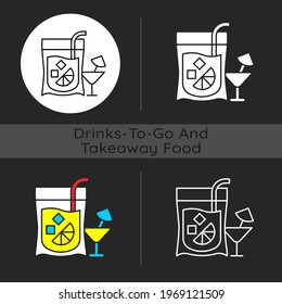 Cocktail to go dark theme icon. Alcoholic beverage. Mixed drink. Restaurant delivery. Composition with mixed ingredients. Linear white, simple glyph and RGB color styles. Isolated vector illustrations