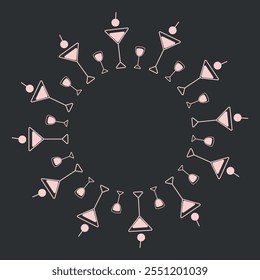 Gobelet cocktail et lunettes de vue Circle Frame en rose pâle minimaliste tendance sur fond sombre