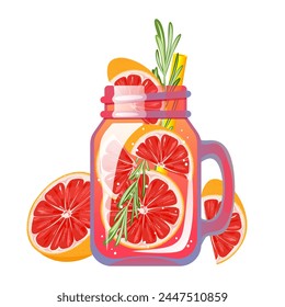 Cocktail with grapefruit. A refreshing drink in a can with juicy grapefruit. Summer juice with grapefruit. Smoothie with fresh fruit. Grapefruit lemonade.Vector illustration.