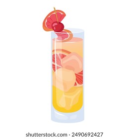 Cocktail with grapefruit. Summer refreshing drink, lemonade with grapefruit and mint. Beach Holidays, summer vacation, party, cafe-bar, recreation concept. Isolated vector Illustration.