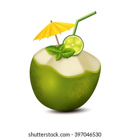 Cocktail in green coconut on white background