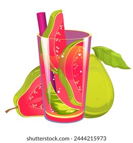 Cocktail with guava. Fruity summer juice. Smoothie with fresh fruit. Lemonade with guava. Vector illustration.