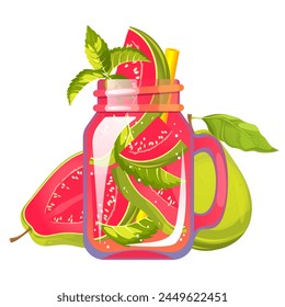 Cocktail with guava. Refreshing drink in a can with guava. Summer juice with guava. Smoothie with fresh fruit. Lemonade with guava. Vector illustration.