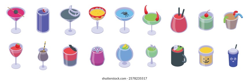 Cocktail Halloween icons set. Halloween cocktails and drinks showing scary and creepy decorations for bars and parties