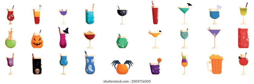 Conjunto de iconos de cóctel de Halloween. Variedad de cócteles de Halloween coloridos y festivos, perfectos para añadir un toque espeluznante a tu celebración